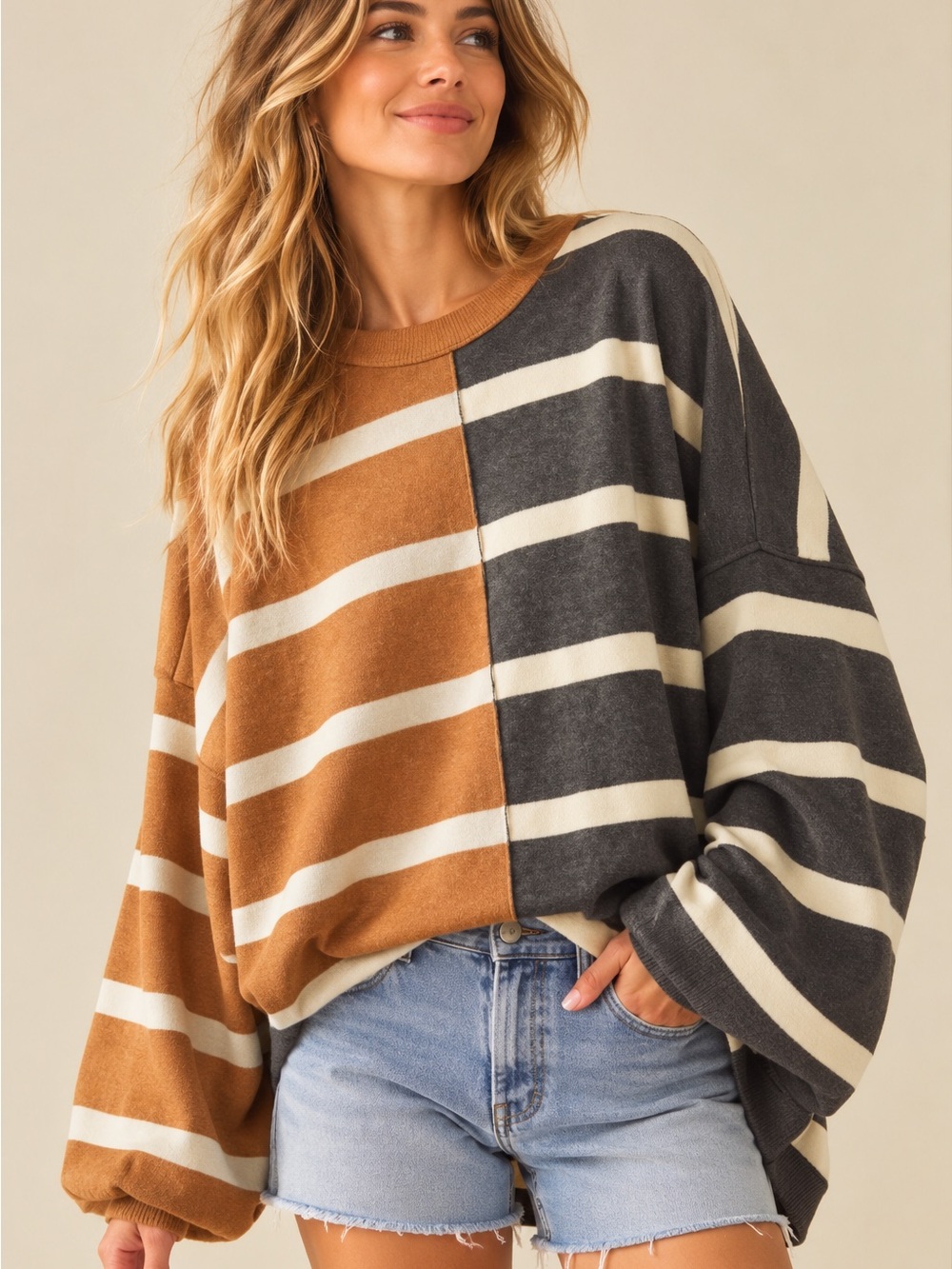 Free People Uptown Stripe Pullover XS Brown Charcoal Oversized Sweater